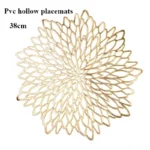 Gold weave placemats on a dining table with plates and cutlery