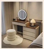 Classic Nordic vanity table with mirror and stool for makeup storage - modern luxury bedroom furniture