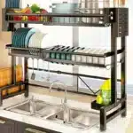 Adjustable Metal Kitchen Storage Rack with Drip Tray & Utensil Holder - Expandable Sink Organizer for Dishes Cups