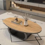 Modern coffee table with sintered stone top in black frame and bright fish belly white finish, rectangular shape