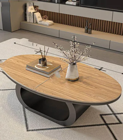 Modern coffee table with sintered stone top in black frame and bright fish belly white finish, rectangular shape