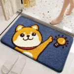 Non slip bathroom rug with frog and bear flocking design on bathroom floor