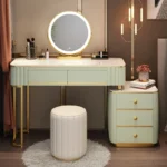French white wooden dressing table with mirror and stool in a modern bedroom setting