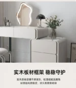 Modern makeup vanity table with mirror and storage drawer in bedroom setting