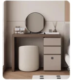 Minimalist wood dressing table with mirror and three storage drawers in modern bedroom setting