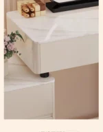 Modern vanity table with mirror and storage drawers in a bedroom setting