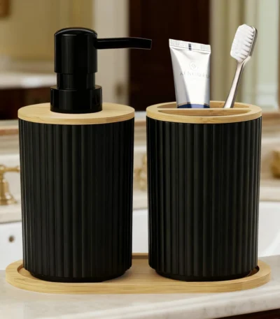 2pcs/set black bathroom accessories set, hands soap dispenser and toothbrush cup set, used for bathroom necessities