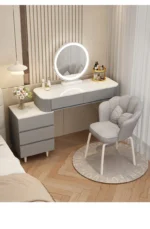 Modern storage vanity table with mirror and stool featuring multiple drawers for bedroom organization