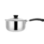 Goldoma stainless steel milk pot with lid on a kitchen stove