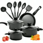 13 Piece Nonstick Kitchenware Set Induction Pots and Spoons Kit, Black Frying Pan & Milk Pot Perfect for Family Dinner & Camping