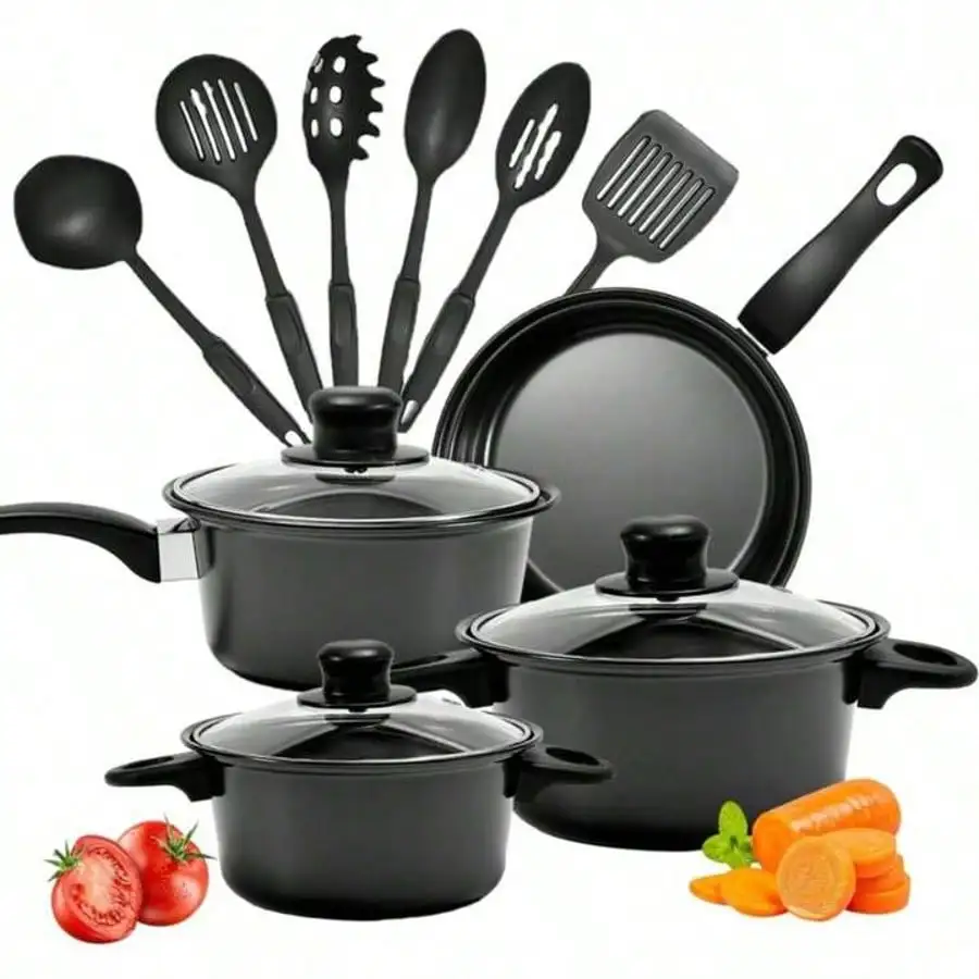 S15a62bc36a844673869f716d72d9535fp.webp 13 Piece Nonstick Kitchenware Set Induction Pots and Spoons Kit, Black Frying Pan & Milk Pot Perfect for Family Dinner & Camping - Image 1