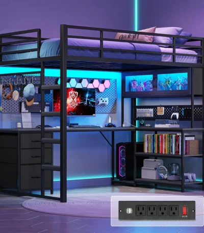Twin Loft Bed L-Shaped Gaming Desk Storage Hutch Power Outlet Metal Frame RGB Lights Space Saving Teens Black, Customized