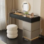 Minimalist modern dressing table with mirror and stool in a bedroom setting with 4 drawers and 4 doors