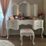 Modern wooden vanity table with mirror and stool in white finish for bedroom