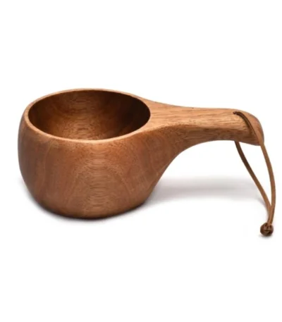 E5BB Finland Kuksa Portable Coffee Mug Acacia-Wood Handle Cowhide Rope Hook Juice Cup