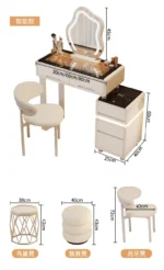 Luxury modern dressing table with mirror and stool in bedroom setting featuring compact vanity with drawers
