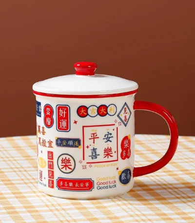 Retro ceramic mug with cover in Hong Kong style, featuring nostalgic design and vibrant colors