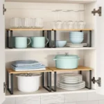 Simple Houseware Cabinet Organizer Shelf Kitchen Counter Shelves Kitchen Storage Spice Rack Stackable Metal and Engineered Wood - Image 2