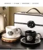 3D Camellia Embossed Ceramic Coffee Cup with Saucer Set, Luxury Mug, Vintage Floral Tea Cup 300ml, Gift for Her Home &
