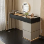 Minimalist modern dressing table with mirror and stool in a bedroom setting with 4 drawers and 4 doors