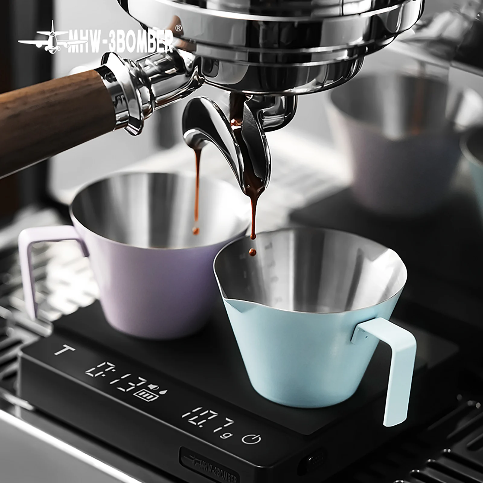 MHW-3BOMBER Espresso Measuring Cup 100ml Dual Pour Spouts & Accurate Scale Stainless Steel Shot Cup for Baristas