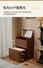 Wooden makeup vanity with mirror and stool in a modern bedroom setting