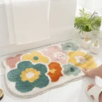 Green leaves flocking non slip bath mat on bathroom floor