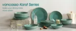 Vancasso KARST green stoneware dinner set with embossed plates and bowls on a rustic wooden table