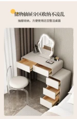 Modern minimalist vanity table with mirror and stool, wood construction, bedroom furniture