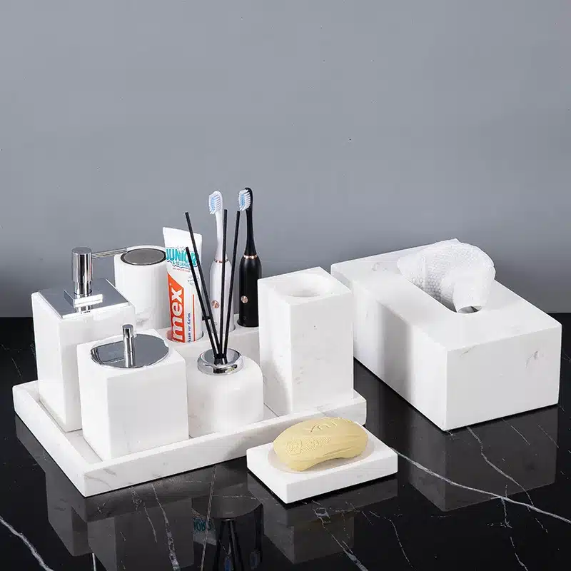 Volakos White Natural Marble Bathroom Accessories Minimalism Soap Dispenser Toothbrush Holder Tissue Box Bathroom Set