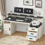 Farmhouse Computer Desk with Drawers, 65'' Home Office Desk with Power Outlets, Storage Cabinet and Printer Stand,