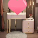 French white wooden dressing table with mirror and stool in a modern bedroom setting