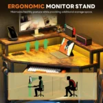 JHK Corner Desk Office Computer Desk for Small Space with LED Lights Gaming Table with Storage Shelves Power Outlets For