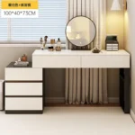 Modern wooden dressing table with mirror and 5 drawers – makeup vanity desk with LED lights and stool in bedroom setting
