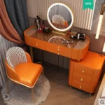 Modern dressing table with mirror and stool in a minimalist bedroom setup