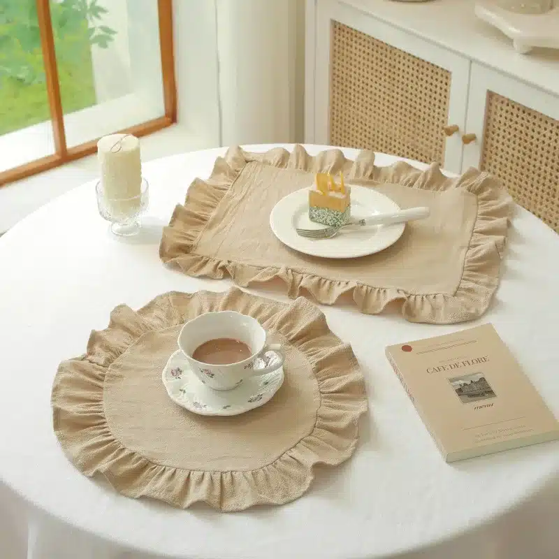 6Pcs 100% Cotton Scalloped Round Placemat with Ruffle Washable Table Mats for Kitchen Dining Holiday Gatherings Decor