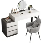 Modern wooden dressing table with mirror and 5 drawers – makeup vanity desk with LED lights and stool in bedroom setting