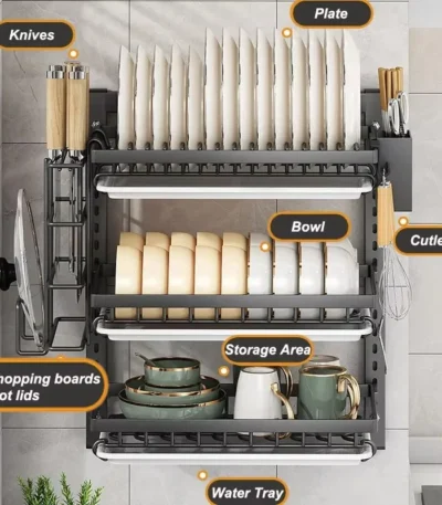 Wall-Mounted Kitchen Dish Rack Multifunctional Kitchen Organizer with Drainboard Cutlery Storage Holder Dinnerware Drainer