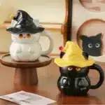 450ml Dreamy Ghost Cat Ceramic Mug with Lid – Cartoon Anime Style Couples' Cup/Holiday Gift, Unisex Cute Drinkware