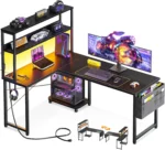 53 Inch L Shaped Gaming Desk with LED Lighting, Reversible Desk with Power Outlets, Customized – angled view