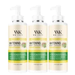 Hand holding WK JALY lotion bottle, applying lotion to arm, showing smooth skin