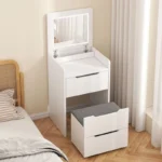 Modern flip cover dressing table with LED light, stool, and three drawers in a bedroom setup
