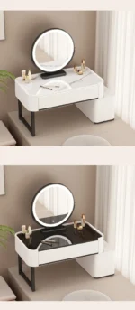 Modern minimalist dressing table with storage shelf for makeup organization in a bedroom