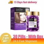 Magic Hair Vitamin Capsule Keratin Oil bottle in bathroom setting near sink and mirror.