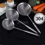 Three sizes of 304 stainless steel strainer with long handles on a kitchen counter