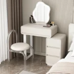 Modern minimalist vanity table with mirror and stool, wood construction, bedroom furniture