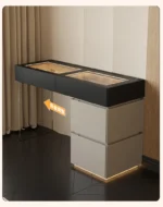 Minimalist modern dressing table with mirror and stool in a bedroom setting with 4 drawers and 4 doors