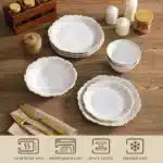 MALACASA 16/32 Piece Plates Dinner Sets Relief White Stoneware Dinnerware Set with 4 PCS Dinner Plate/Dessert/Cereal
