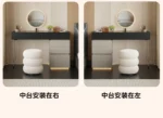 Minimalist modern dressing table with mirror and stool in a bedroom setting with 4 drawers and 4 doors