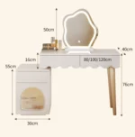 Modern makeup vanity desk with mirror and stool in a bedroom setting, showcasing ample storage and elegant design